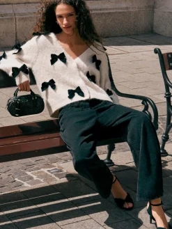 Next Knitted Velvet Bow Cardigan With Wool Ecru Sale