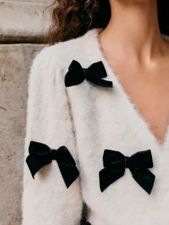 Next Knitted Velvet Bow Cardigan With Wool Ecru Sale