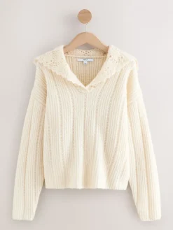 Next Ribbed Knit Jumper With Crochet Sailor Collar Ecru Clearance