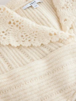 Next Ribbed Knit Jumper With Crochet Sailor Collar Ecru Clearance