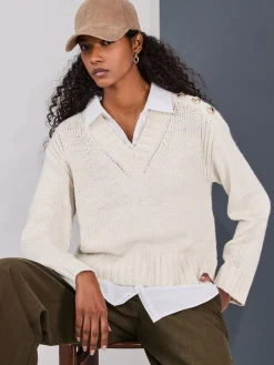 Next V-Neck Knitted Shirt Layer Look Jumper Ecru Hot