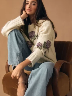 Next Crew Neck Jumper With Wool Ecru/Purple Floral New