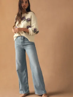 Next Crew Neck Jumper With Wool Ecru/Purple Floral New