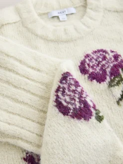 Next Crew Neck Jumper With Wool Ecru/Purple Floral New