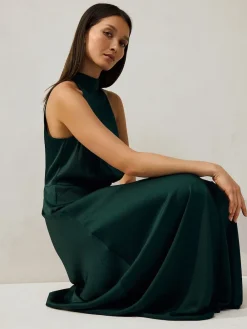 Next Emerald Green Textured Satin Halter Sleeveless Midi Dress Sale