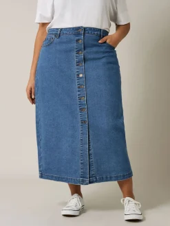 Evans Blue Button Through Denim Skirt Hot