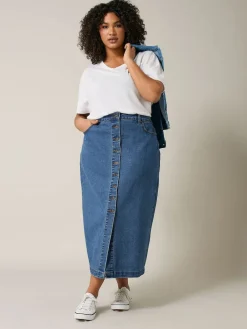 Evans Blue Button Through Denim Skirt Hot