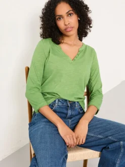 Fat Face FatFace Aster Green 3/4 Sleeve V-neck T Shirt Hot