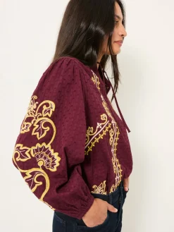 Fat Face FatFace Garratt Embroidered V-neck Blouse Burgundy Red New