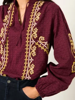 Fat Face FatFace Garratt Embroidered V-neck Blouse Burgundy Red New