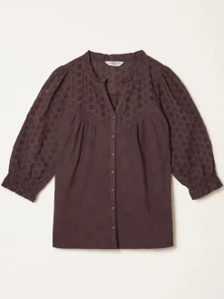Fat Face FatFace Claire Broderie Top Chocolate Brown Discount