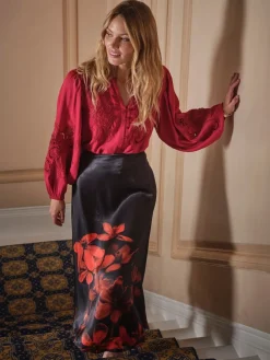 Fat Face FatFace Joelle Black Floral Midi Skirt Clearance