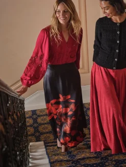 Fat Face FatFace Joelle Black Floral Midi Skirt Clearance