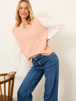 Fat Face FatFace Leoni Knitted and Woven 2in1 Top Pink