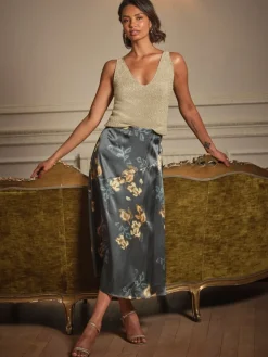 Fat Face FatFace Lily Dark Navy Printed Satin Bias Skirt Outlet