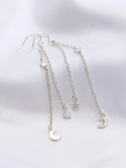 Fat Face FatFace Silver Tone Star and Moon Chain Earrings Best