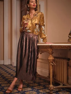 Fat Face FatFace Talia Bronze Metallic Pleated Midi Skirt