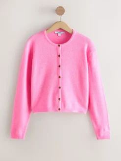 Next Fluro Pink Crew Neck Knitted Cardigan With Wool New