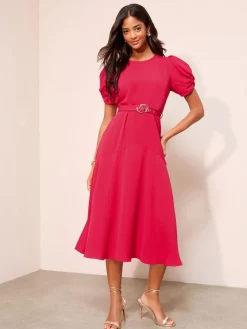Friends Like These Ruched Short Sleeve Belted Midi Dress Berry Red Hot