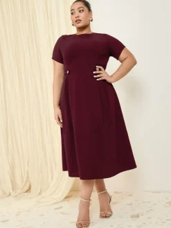 Friends Like These Curve Tab Detail Short Sleeve Midi Tailored Dress Berry Red Best