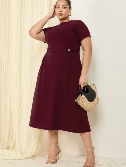 Friends Like These Curve Tab Detail Short Sleeve Midi Tailored Dress Berry Red Best