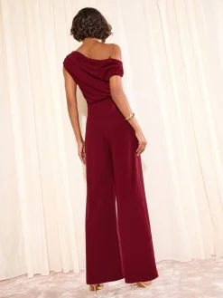 Friends Like These Petite Off The Shoulder Scuba Wide Leg Jumpsuit Berry Red Online