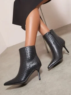 Friends Like These Faux Leather Mid Heel Smart Point Toe Woven Ankle Boots Black Best