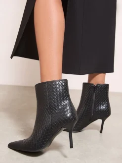 Friends Like These Faux Leather Mid Heel Smart Point Toe Woven Ankle Boots Black Best