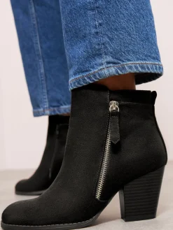 Friends Like These Standard fit Stacked Heel Faux Suede Cuban Ankle Boots Black
