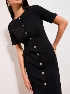 Friends Like These Sculpting Stretch Button Midi Dress Black Clearance