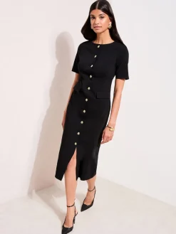 Friends Like These Sculpting Stretch Button Midi Dress Black Clearance