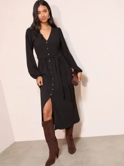 Friends Like These Long Sleeve Tie Waist Button Up Textured Midi Dress Black