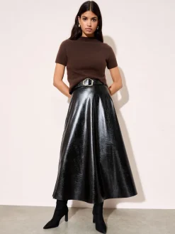 Friends Like These Black Faux Leather Belted Hem Midi Skirt Hot