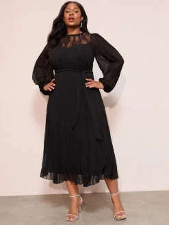 Friends Like These Curve Lace Yoke Long Sleeve Pleated Chiffon Midi Dress Black Clearance