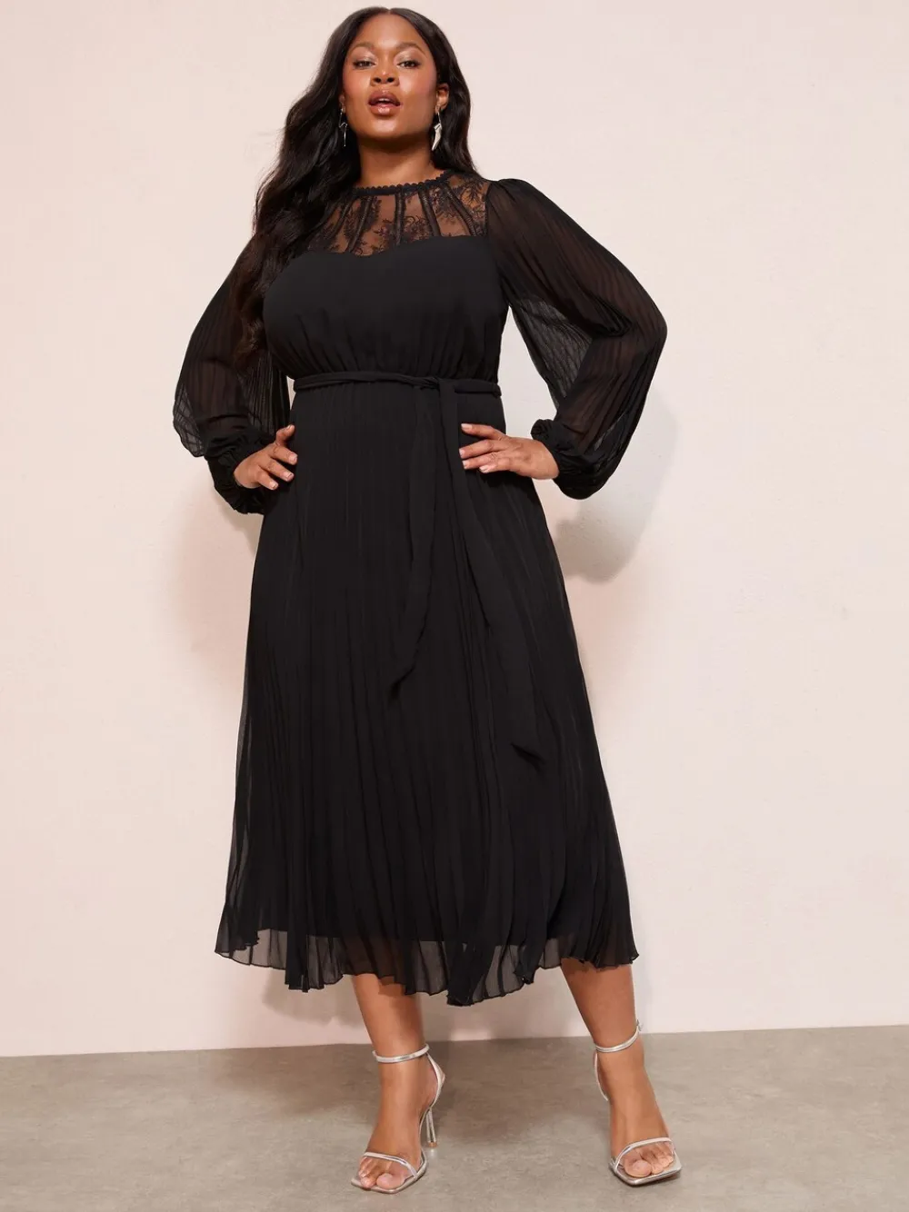 Friends Like These Curve Lace Yoke Long Sleeve Pleated Chiffon Midi Dress Black Clearance