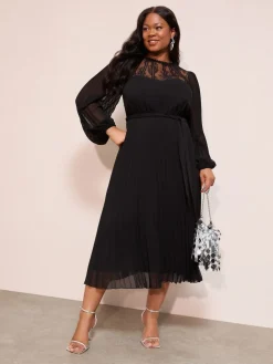 Friends Like These Curve Lace Yoke Long Sleeve Pleated Chiffon Midi Dress Black Clearance