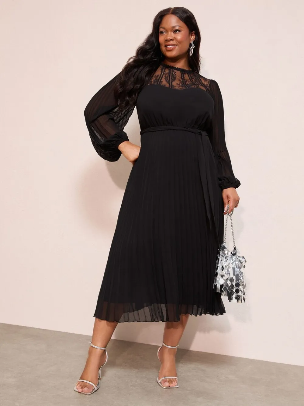 Friends Like These Curve Lace Yoke Long Sleeve Pleated Chiffon Midi Dress Black Clearance