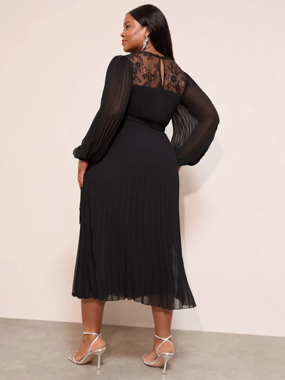 Friends Like These Curve Lace Yoke Long Sleeve Pleated Chiffon Midi Dress Black Clearance