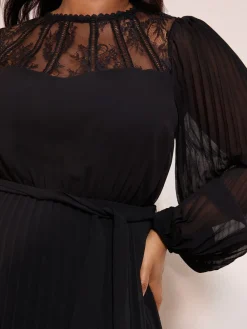 Friends Like These Curve Lace Yoke Long Sleeve Pleated Chiffon Midi Dress Black Clearance