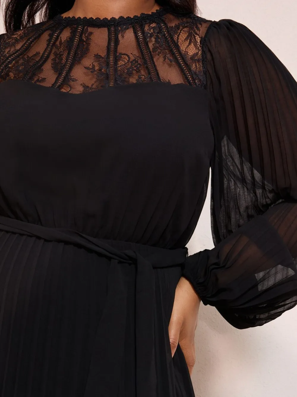 Friends Like These Curve Lace Yoke Long Sleeve Pleated Chiffon Midi Dress Black Clearance