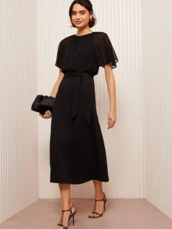 Friends Like These Black Scuba Chiffon Flutter Sleeve Midi Dress Online