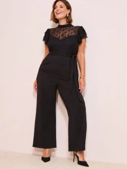Friends Like These Black Curve Lace Scuba Mix Frill Sleeve Jumpsuit Outlet