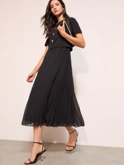 Friends Like These Button Down 2-In-1 Pleated Dress Black Clearance