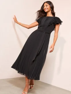 Friends Like These Chiffon Pleated Lace Insert Midi Dress Black Clearance
