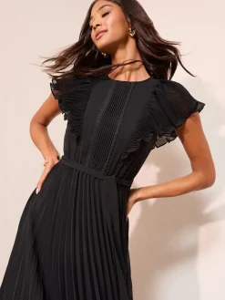 Friends Like These Chiffon Pleated Lace Insert Midi Dress Black Clearance