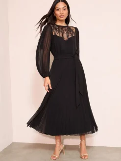 Friends Like These Petite Lace Yoke Long Sleeve Pleated Chiffon Midi Dress Black
