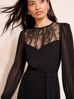 Friends Like These Petite Lace Yoke Long Sleeve Pleated Chiffon Midi Dress Black