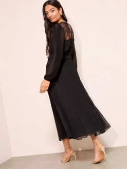 Friends Like These Petite Lace Yoke Long Sleeve Pleated Chiffon Midi Dress Black