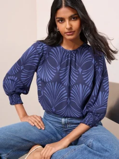 Friends Like These 3/4 Sleeve Shirred Cuff Blouse Blue Fan Print Best