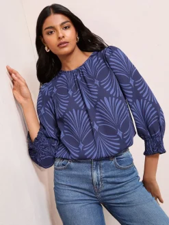 Friends Like These 3/4 Sleeve Shirred Cuff Blouse Blue Fan Print Best
